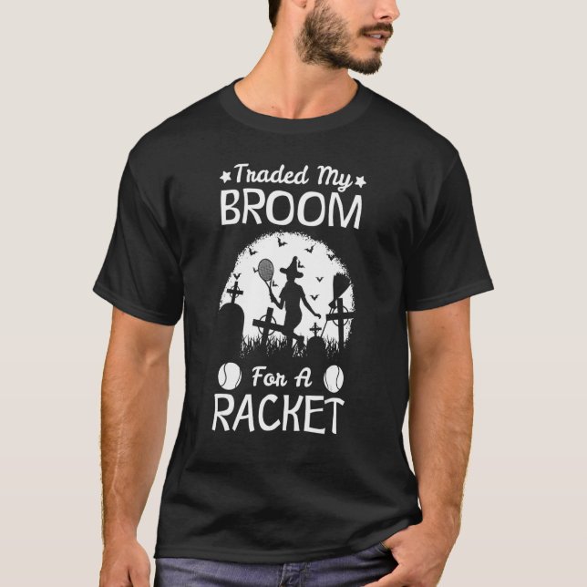 Halloween Witch Playing Tennis Sport Traded Broom  T-Shirt (Front)