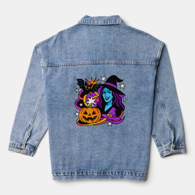 Halloween witch pop art denim jacket, colorful com jacket (Back)