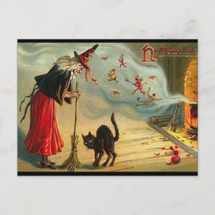 Halloween Witch Postcard, Black Cat, Broom, Magic Postcard