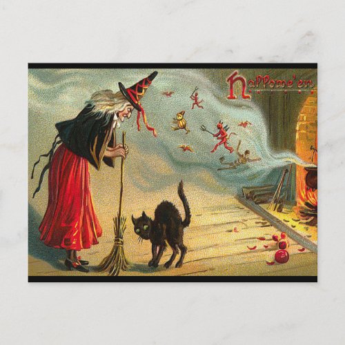 Halloween Witch Postcard Black Cat Broom Magic Postcard