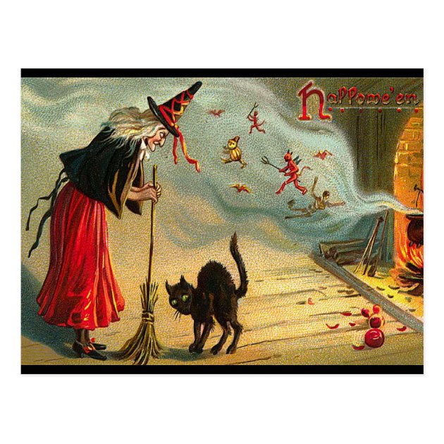 Halloween Witch Postcard, Black Cat, Broom, Magic Postcard