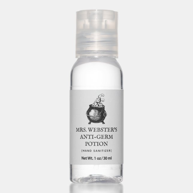 Halloween witch potion cauldron black and white hand sanitizer (Front)