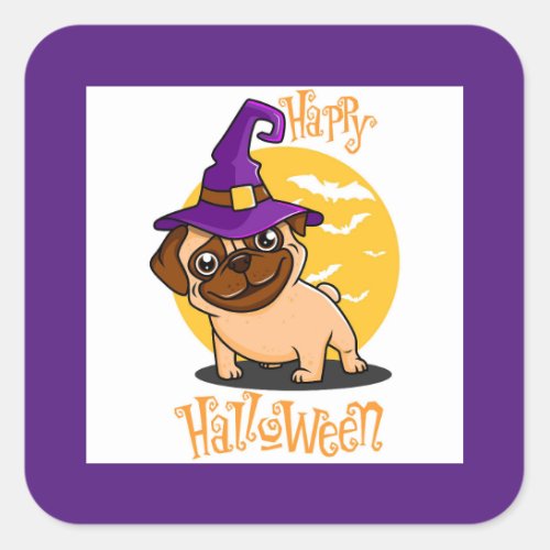 Halloween Witch Pug Square Stickers