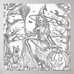 Halloween witch, pumpkin, and cat coloring page poster