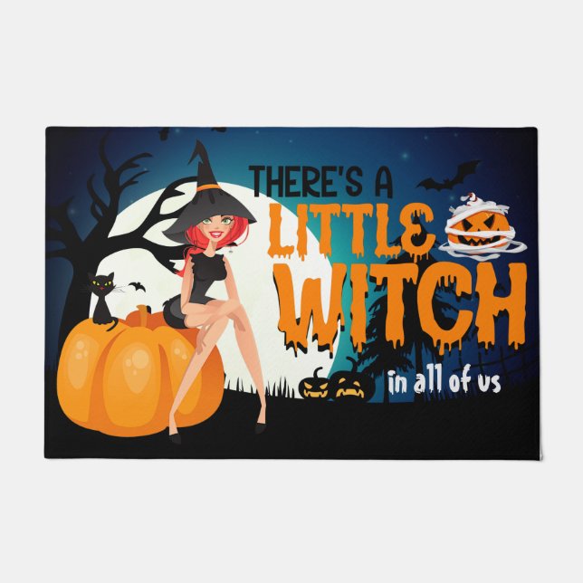Halloween Witch Pumpkin Bats And Black Cat Doormat (Front)