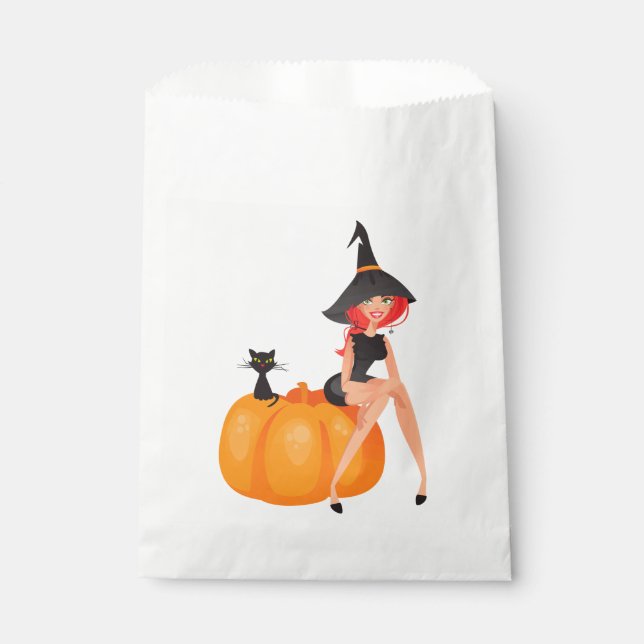 Halloween Witch Pumpkin & Black Cat Favor Bag (Front)