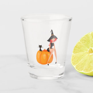 Halloween Witch Pumpkin & Black Cat Shot Glass