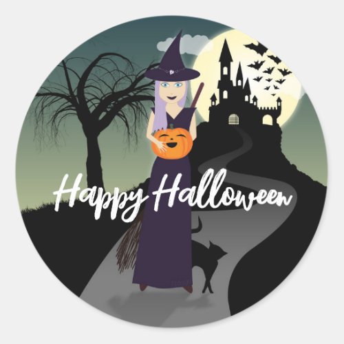 Halloween Witch Pumpkin Black cat Your text Classic Round Sticker
