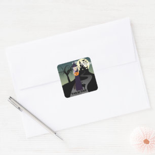 Halloween Witch Pumpkin Black cat Your text Square Sticker