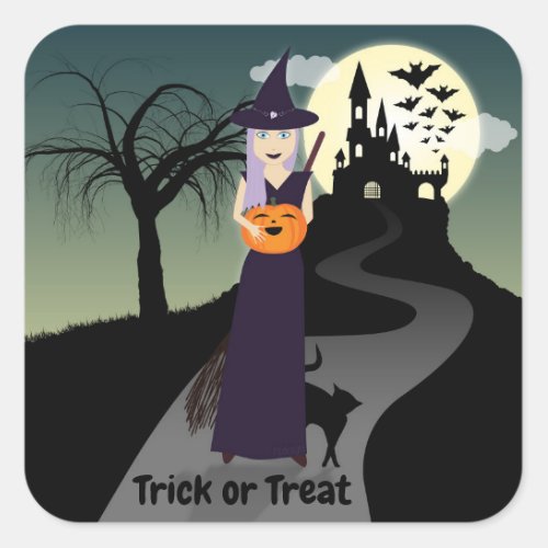 Halloween Witch Pumpkin Black cat Your text Square Sticker