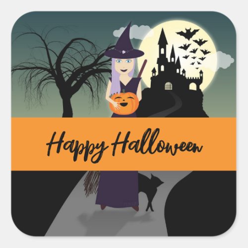 Halloween Witch Pumpkin Black cat Your text Square Sticker