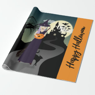Halloween Witch Pumpkin Black cat Your text Wrapping Paper