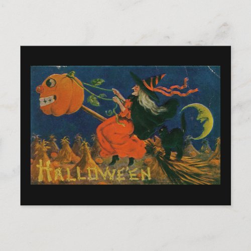 Halloween Witch Pumpkin Broomstick Vintage Postcard