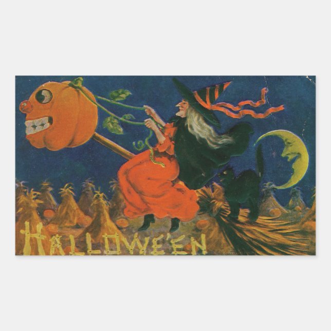 Halloween Witch Pumpkin Broomstick Vintage Rectangular Sticker (Front)