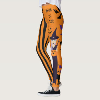 Halloween witch pumpkin cat bats vertical stripes leggings
