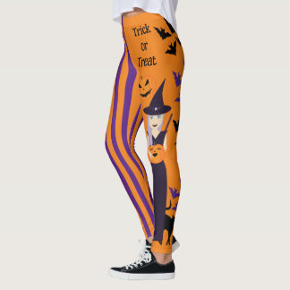 Halloween witch pumpkin cat bats vertical stripes leggings
