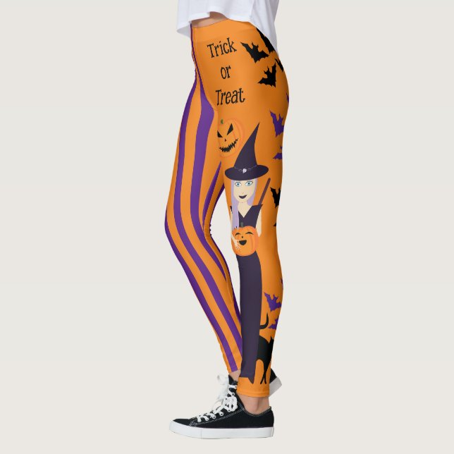 Halloween witch pumpkin cat bats vertical stripes leggings (Left)