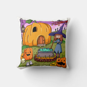 Halloween Witch Pumpkin House Throw Pillow