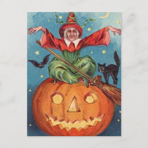 Halloween Witch Pumpkin  Owl Vintage Holiday Postcard