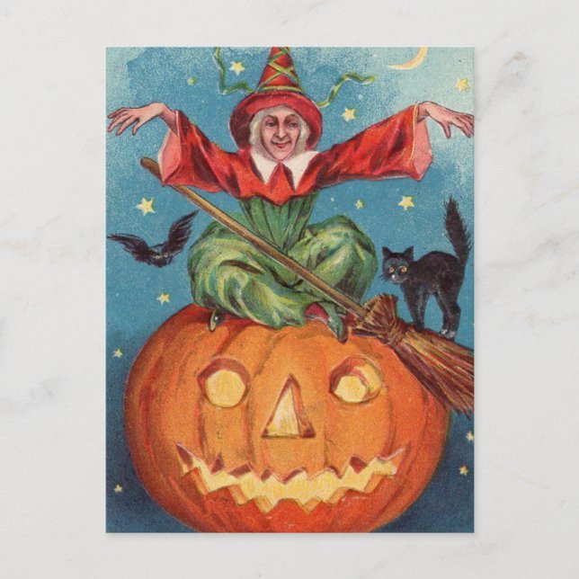 Halloween Witch, Pumpkin & Owl Vintage Holiday Postcard (Front)