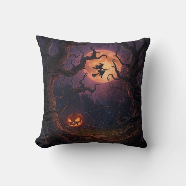 Halloween Witch & Pumpkin Square Pillow (Front)