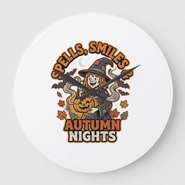 Halloween Witch Pumpkin Vibes Large Clock (Front)