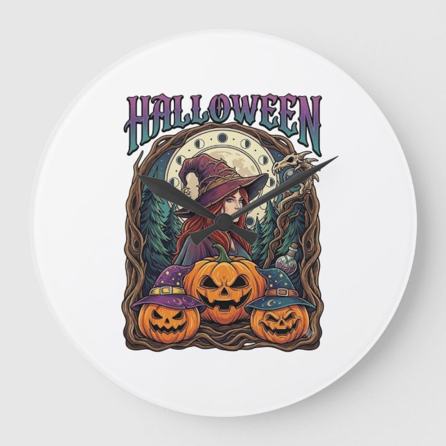 Halloween Witch Pumpkins Moon Phases_1 Large Clock (Front)