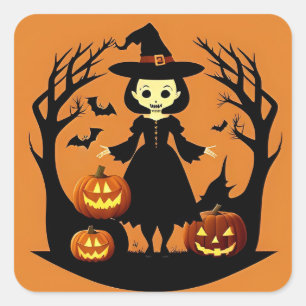 Halloween Witch Pumpkins Spooky Scene Square Sticker