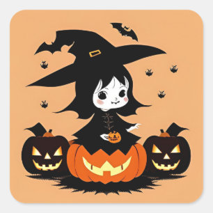 Halloween Witch Pumpkins Spooky Scene Square Sticker