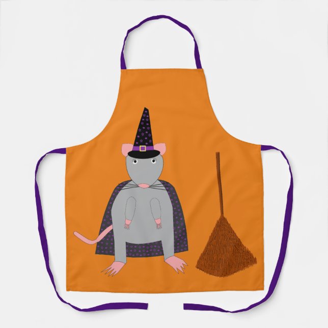 =Halloween Witch Rat and Broom Apron (Front)