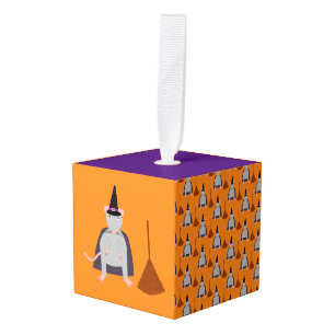 Halloween Witch Rat and Broom Cube Ornament