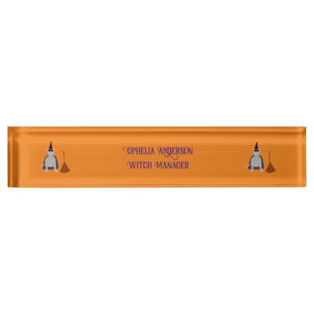 Halloween Witch Rat and Broom Custom Desk Name Plate (Front)