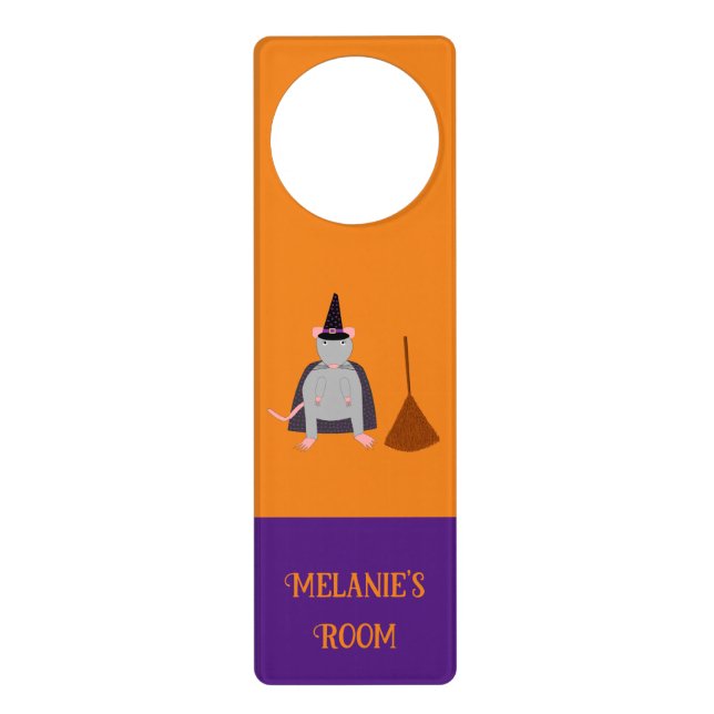 Halloween Witch Rat and Broom Custom Name Door Hanger (Front)