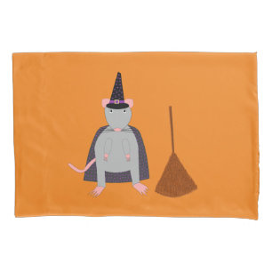 Halloween Witch Rat and Broom Double Sided Pattern Pillow Case