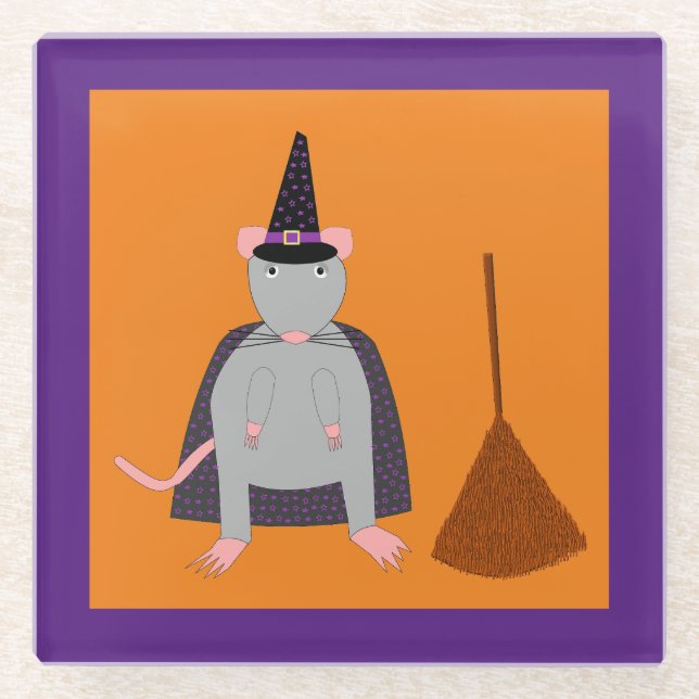 Halloween Witch Rat and Broom Glass Coaster (Front)