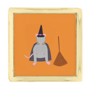 Halloween Witch Rat and Broom Gold Finish Lapel Pin