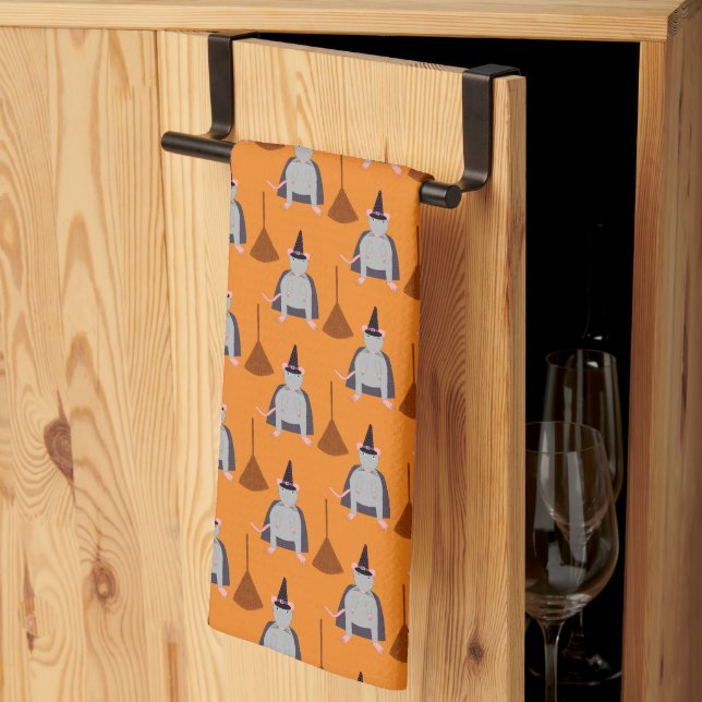 Halloween Witch Rat and Broom Patterned Kitchen Towel (Thirds Fold)