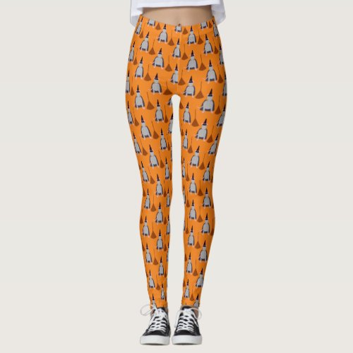 Halloween Witch Rat and Broom Patterned Leggings