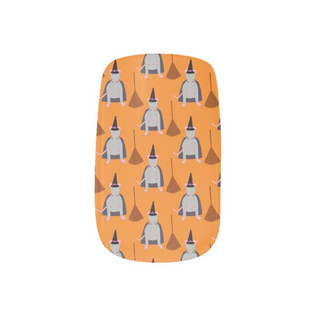 Halloween Witch Rat and Broom Patterned Minx Nail Art (Left Thumb)