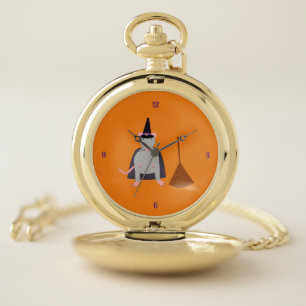 Halloween Witch Rat and Broom Pocket Watch