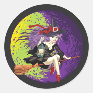Halloween Witch Riding Broom Classic Round Sticker