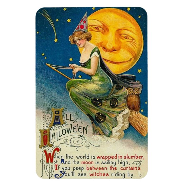 Halloween Witch Riding By Vintage Magnet (Vertical)