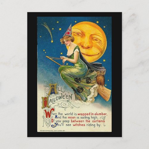 Halloween Witch Riding By Vintage Postcard