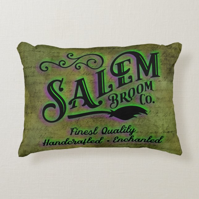 Halloween Witch Salem Broom Company Sign Accent Pillow (Front)