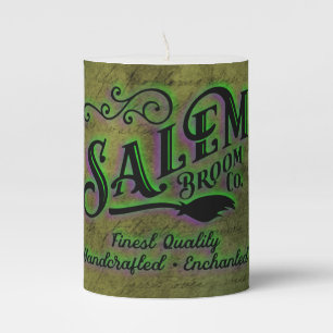 Halloween Witch Salem Broom Company Sign Pillar Candle