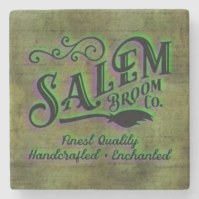 Halloween Witch Salem Broom Company Sign Stone Coaster (Front)