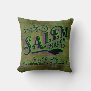 Halloween Witch Salem Broom Company Sign Throw Pillow