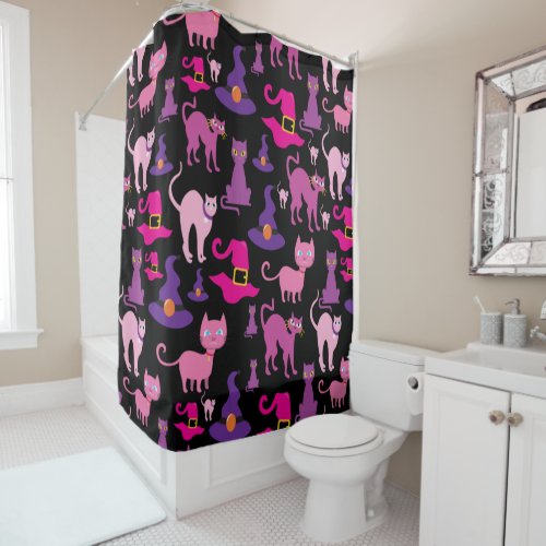 Halloween witch scary Black cat purple decorative Shower Curtain