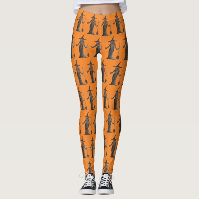 Halloween Witch Scary Cute Pattern Orange Fall Leggings (Front)