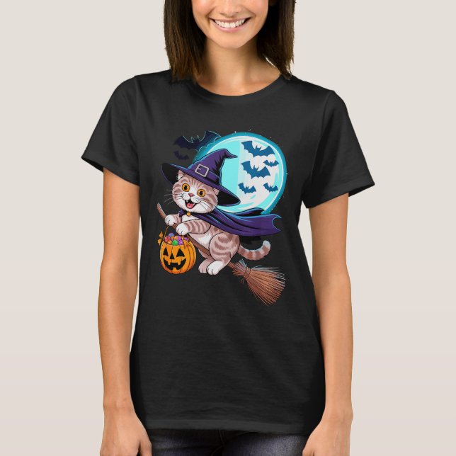 Halloween Witch Scottish Fold Moon Coupari  T-Shirt (Front)
